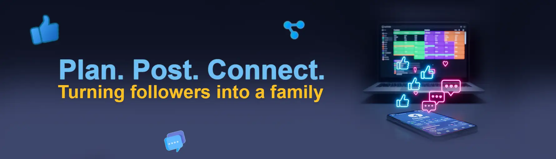 Social media strategy banner with Plan Post Connect text and digital engagement icons.