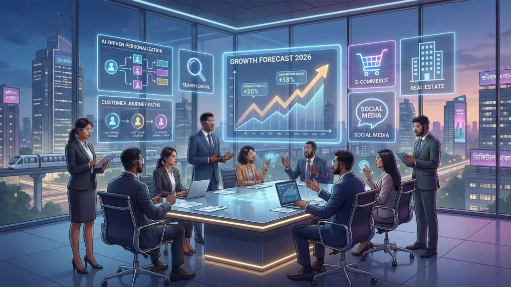AI-driven digital marketing team analyzing growth forecast, SEO performance, e-commerce, and social media analytics in a modern corporate office.