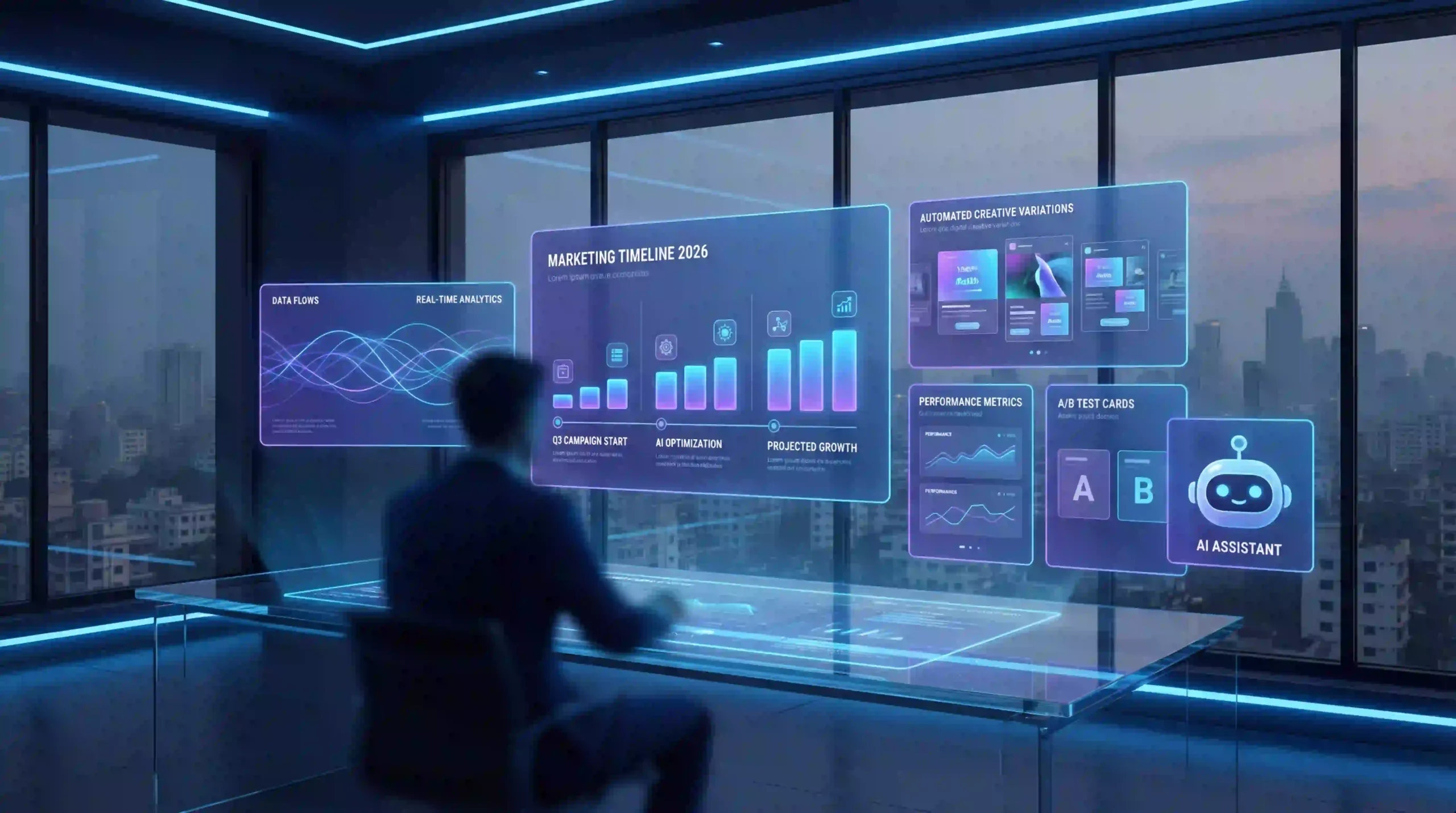 AI-powered marketing analytics dashboard showing automation, A/B testing, performance metrics, and growth projections.