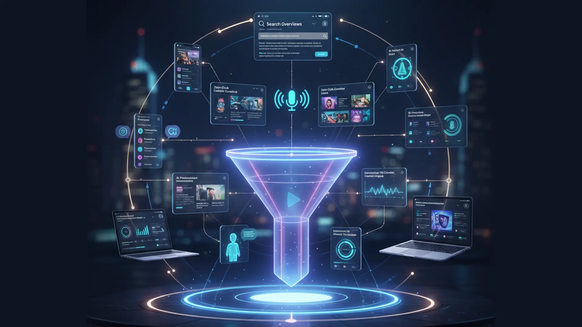AI-powered digital marketing funnel showing multiple customer touchpoints, zero-click content, voice search, and mobile-first user journey in 2026