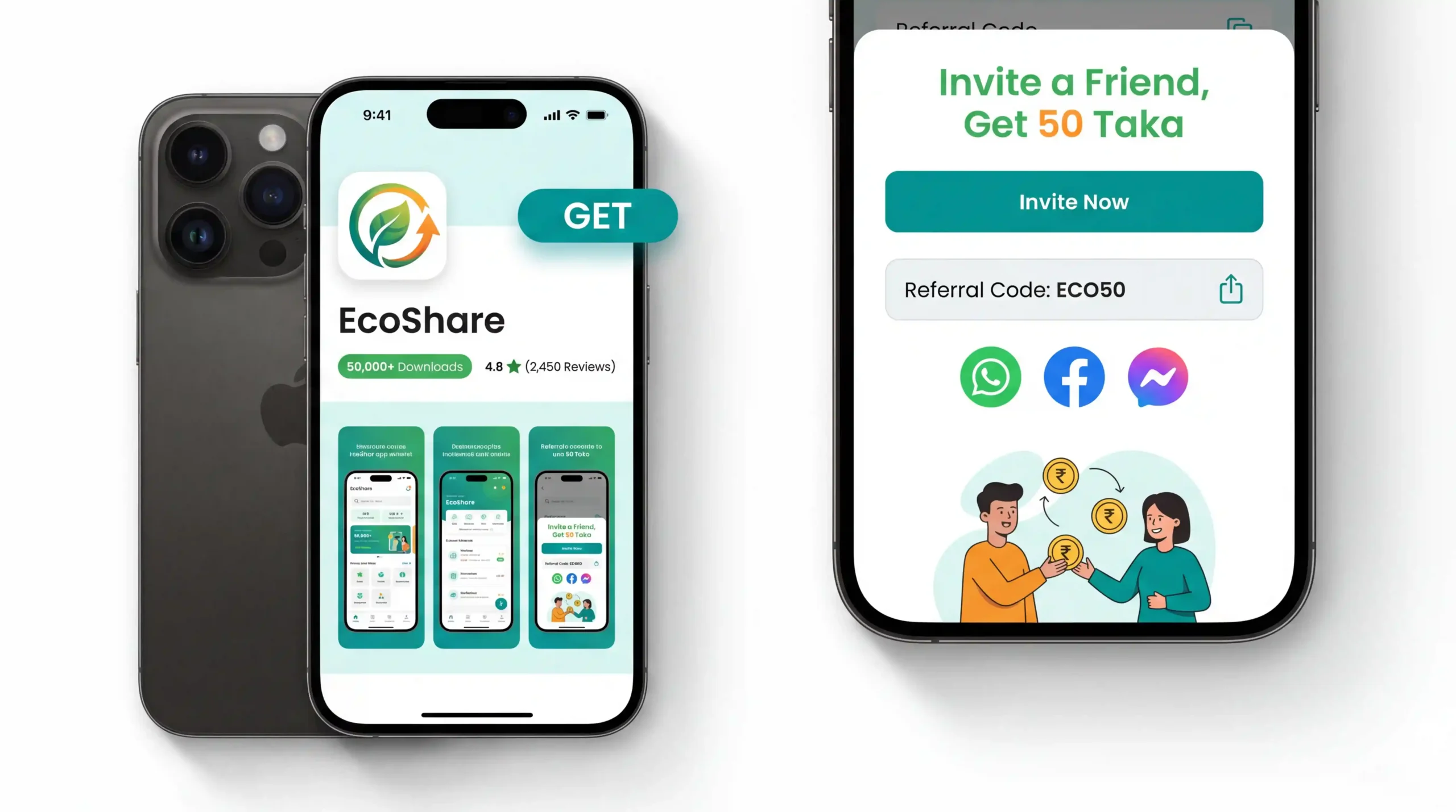 Mobile app store growth results showing increased downloads and referral campaign interface.