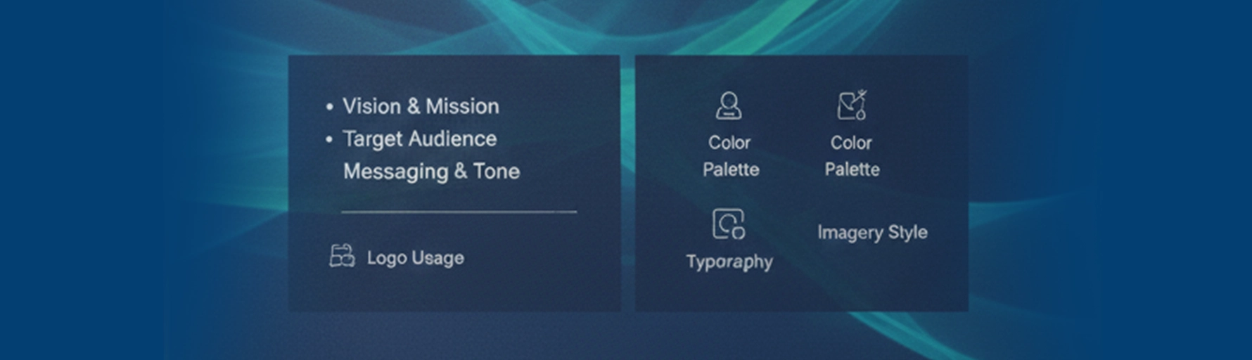 Two dark blue boxes listing elements of branding strategy (Vision & Mission, Target Audience, Messaging & Tone, Logo Usage) and visual identity (Color Palette, Typography, Imagery Style).