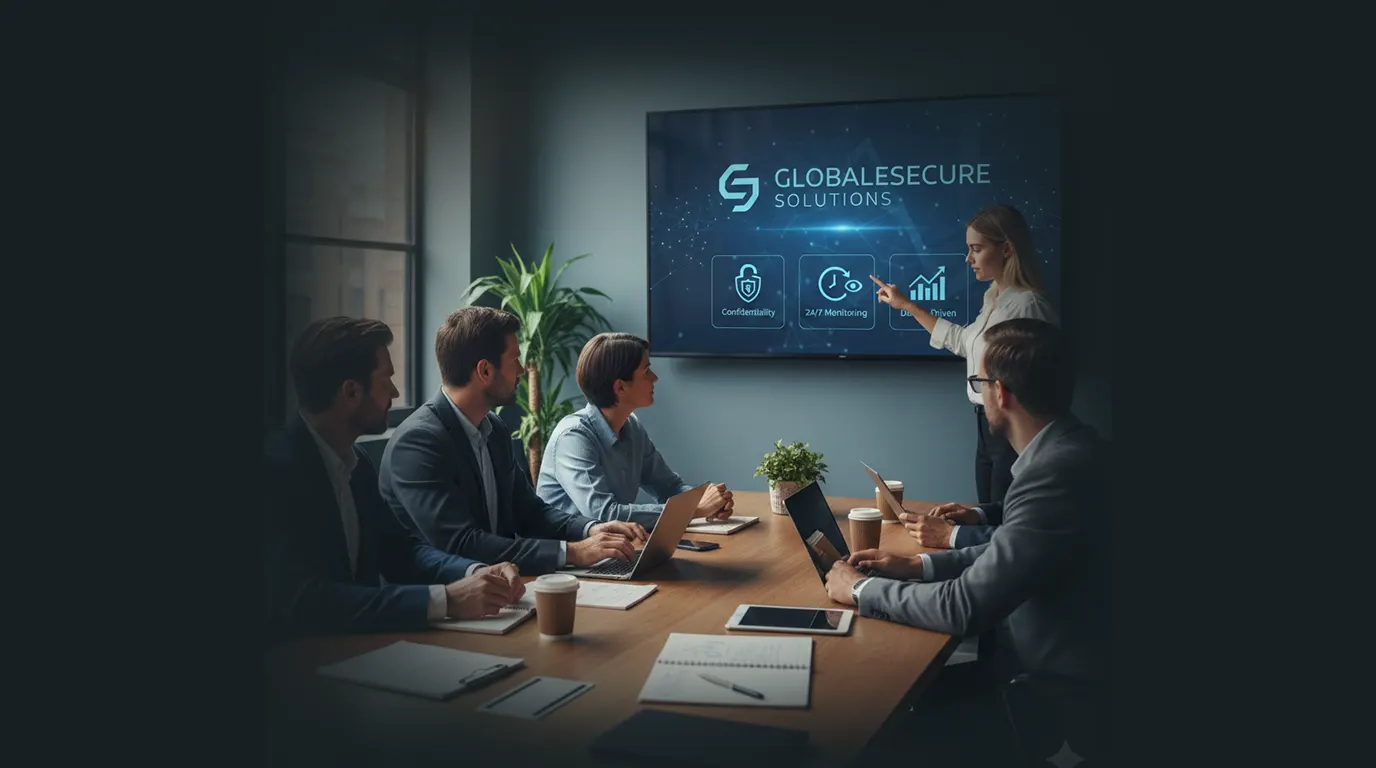 A woman presenting "GLOBALESECURE SOLUTIONS" on a large screen to four colleagues seated around a conference table. The screen displays icons for "Confidentiality," "24/7 Monitoring," and "Data Driven." The presenter points to the screen, and the attendees watch attentively with laptops and coffee cups on the table.