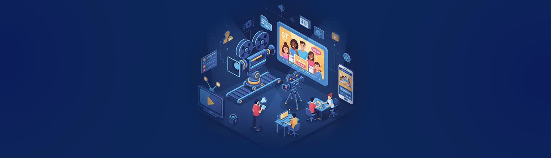 Isometric view of a professional video production studio with a large film camera on a track, studio lighting, and editors working on a TV commercial.