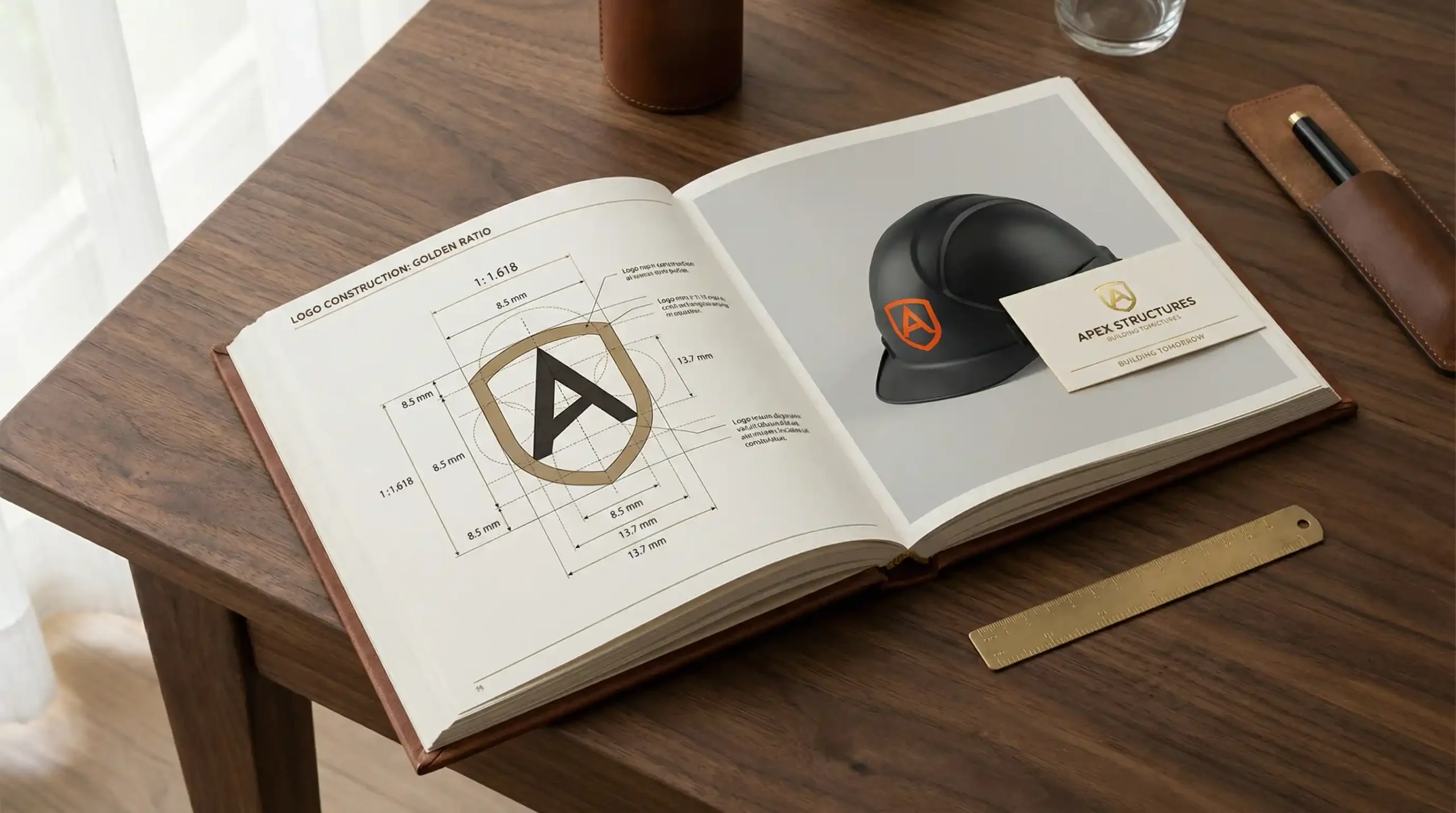 Professional brand guideline book showing logo construction and corporate identity system.