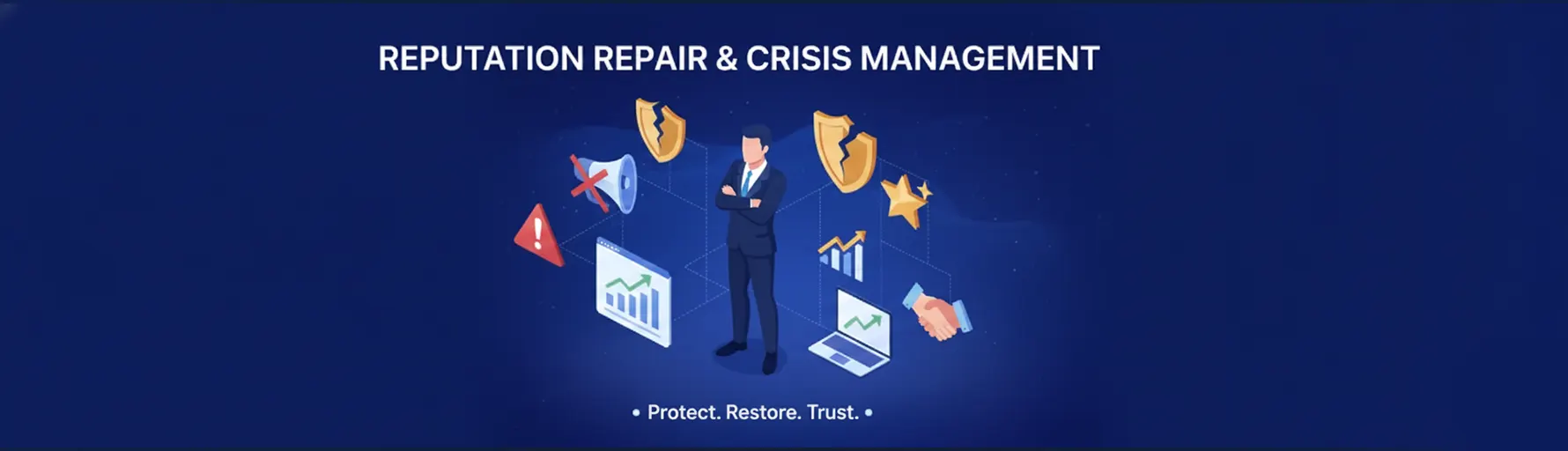 A professional in a suit standing amidst broken shield icons and warning signs being restored, with the tagline Protect, Restore, Trust.
