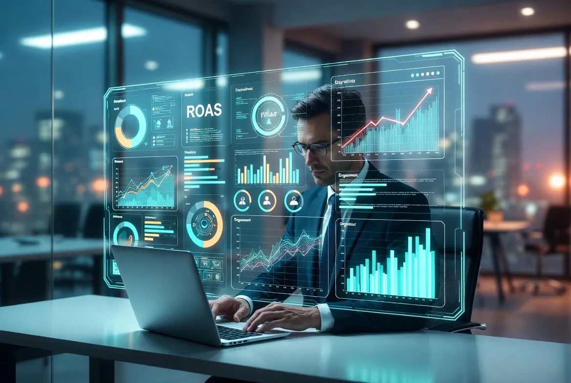 Digital marketing expert analyzing social media advertising campaigns and High ROAS data on a futuristic analytics dashboard