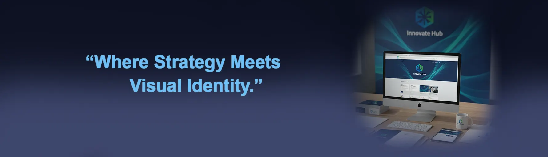 Desktop computer displaying "Innovate Hub" website and branding materials, with the quote "Where Strategy Meets Visual Identity