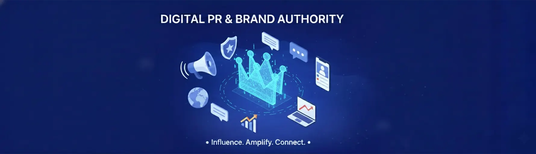 Digital PR and brand authority illustration showing online influence, reputation management, content amplification, and brand growth strategies.