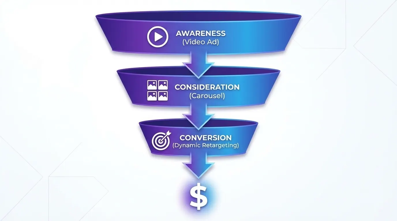 Social media advertising sales funnel diagram showing awareness, consideration, and conversion stages.