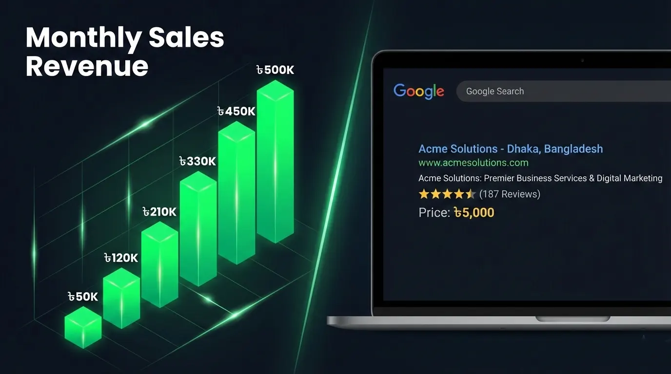 Chart showing 300% e-commerce revenue growth alongside Google search result featuring product schema markup.