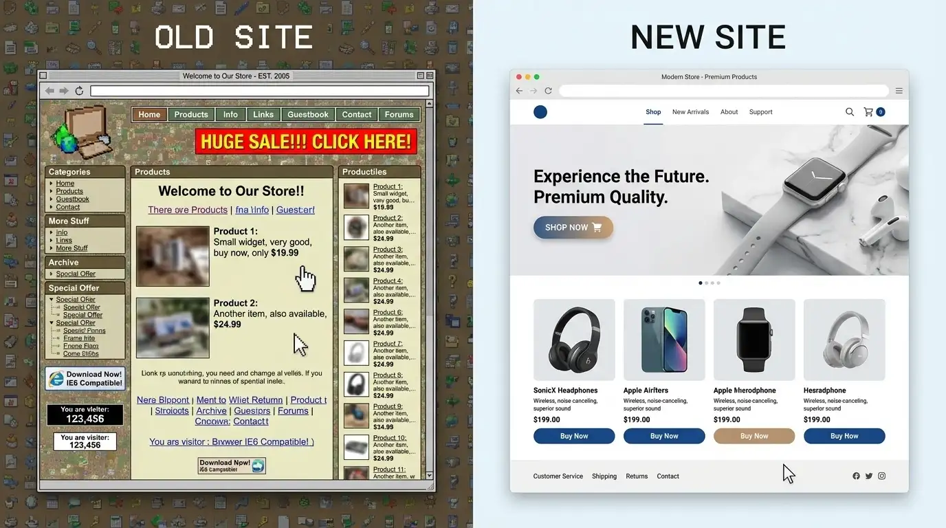 Comparison of old cluttered website vs new mobile-friendly ecommerce design.