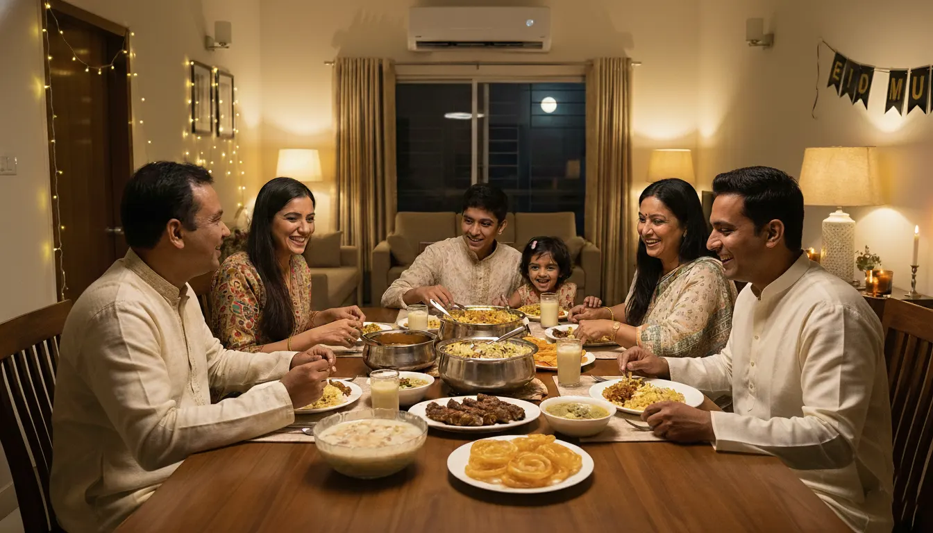 Emotional Eid marketing campaign banner featuring family dining setting and Bengali typography.