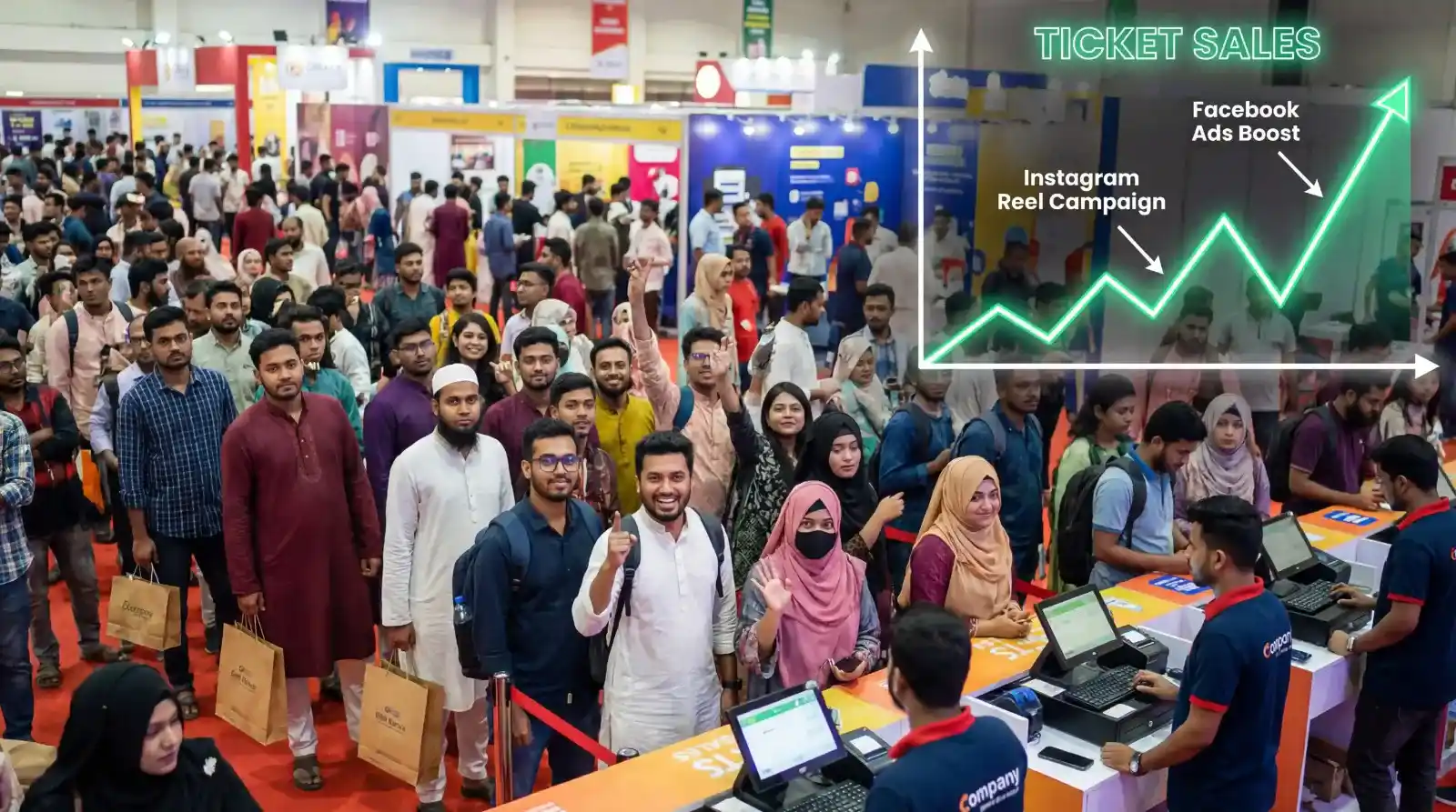 Crowded exhibition hall resulting from online-to-offline social media marketing strategy.