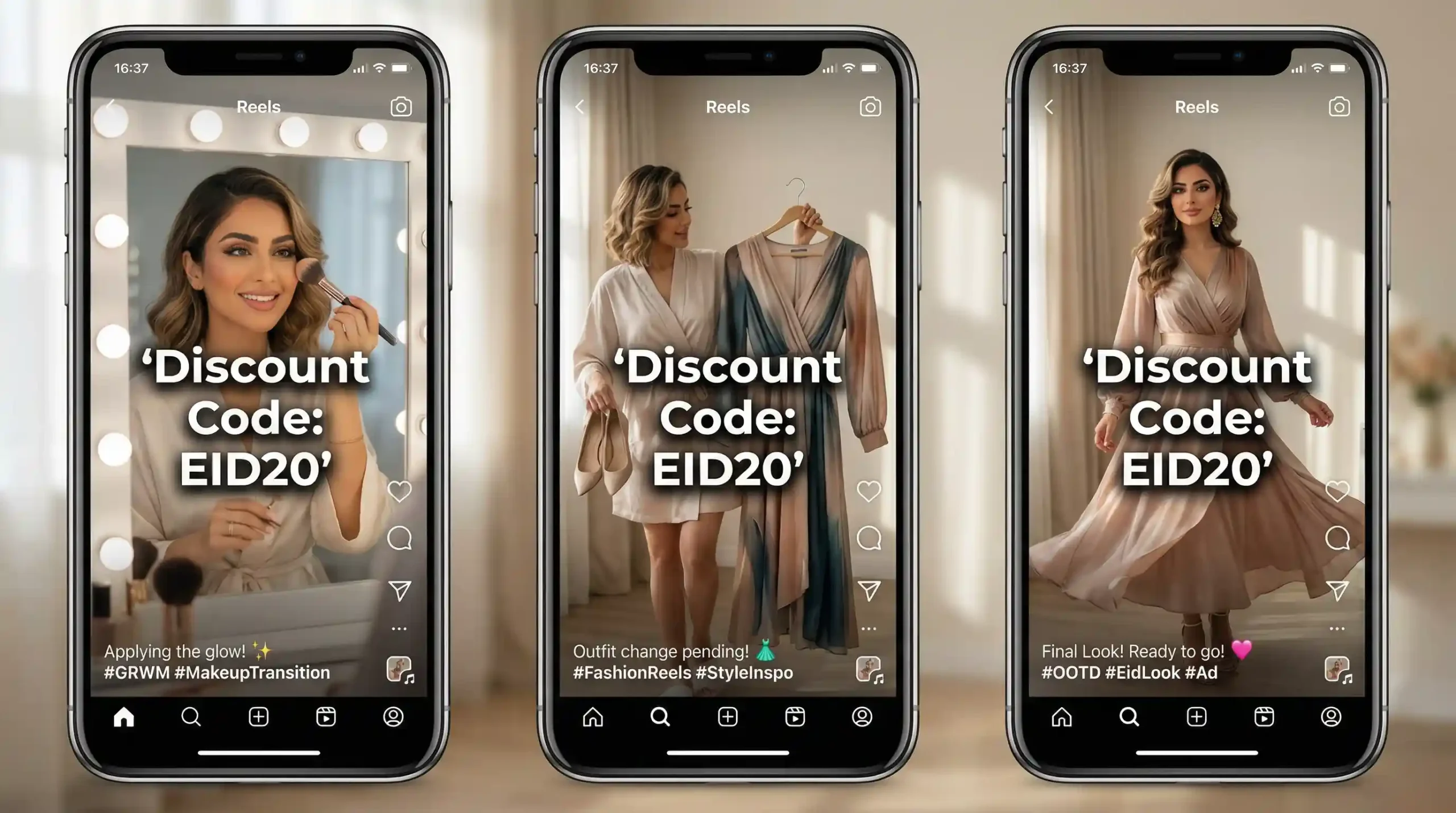 Collage of fashion influencers creating GRWM content for an Eid marketing campaign with discount codes.