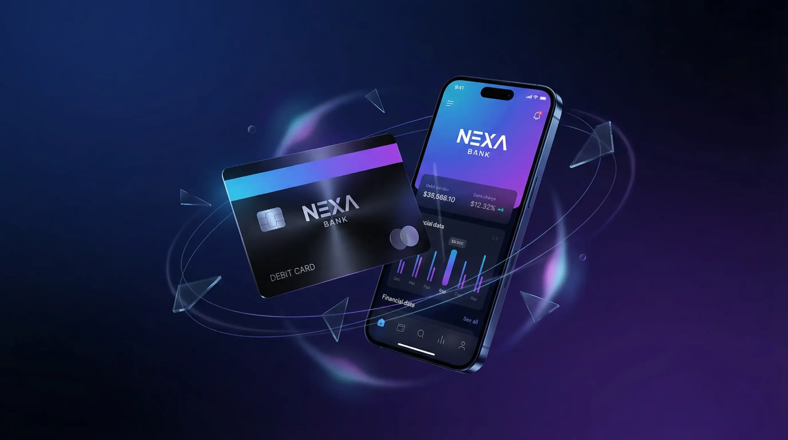 Fintech brand identity showcasing mobile app UI and credit card design consistency.