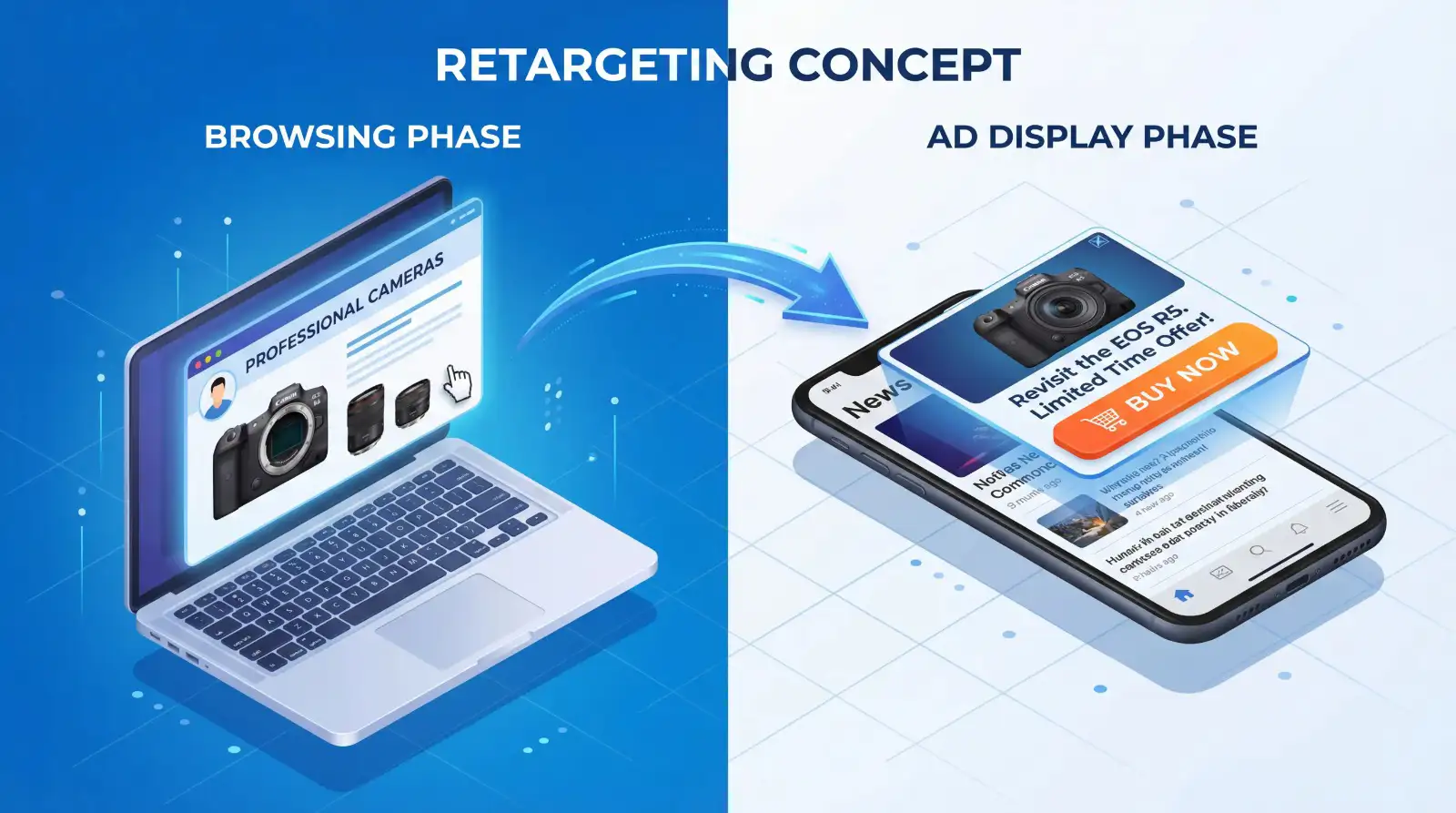 Diagram showing how dynamic retargeting ads follow users from website to mobile apps.