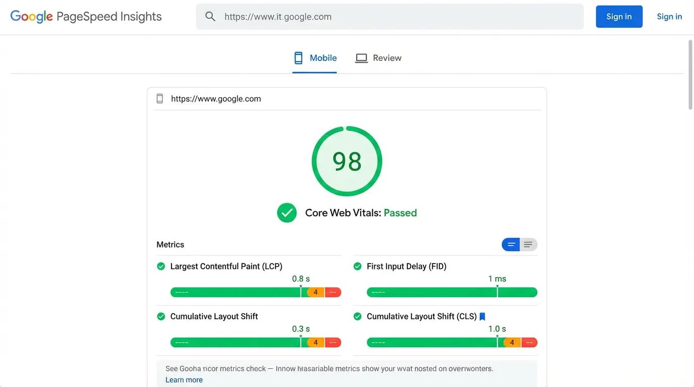 Google PageSpeed Insights result showing 96 out of 100 mobile score after optimization.