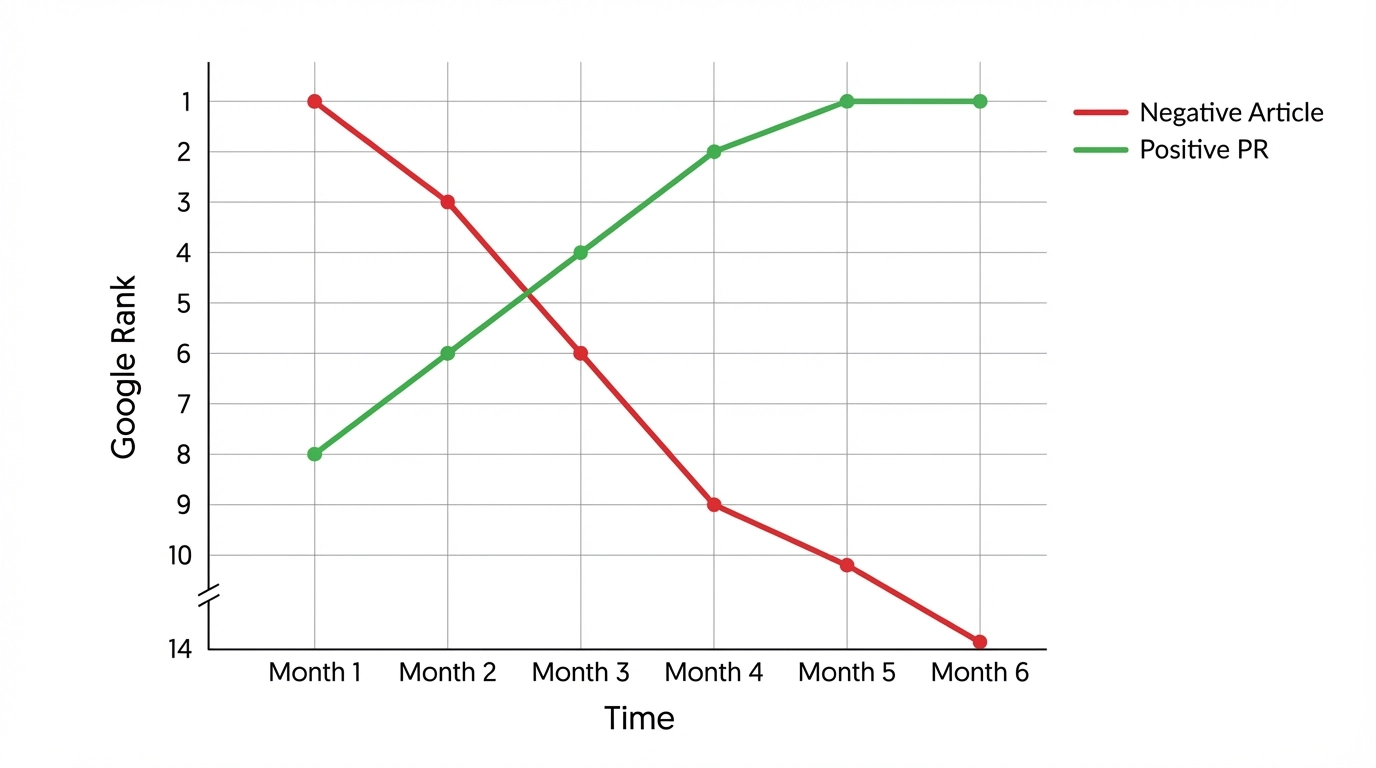 A line graph showing Google Rank (Y-axis, 1-14) over Time (X-axis, Month 1-6). A red line labeled "Negative Article" decreases from rank 1 to 14, while a green line labeled "Positive PR" increases from rank 8 to 1.