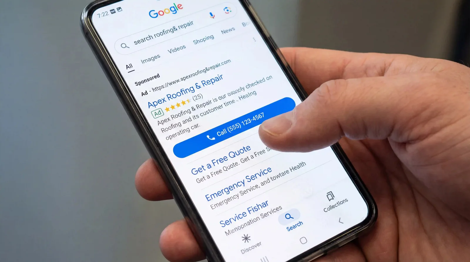 Google search ad with call extension feature generating leads for local service business.