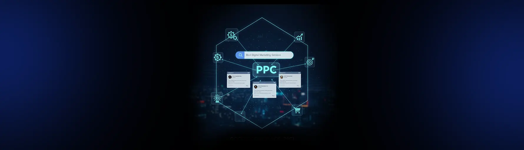 A central search bar displaying "Best Digital Marketing Services" connected to multiple PPC ad previews and growth icons like gears and upward arrows on a dark blue background.