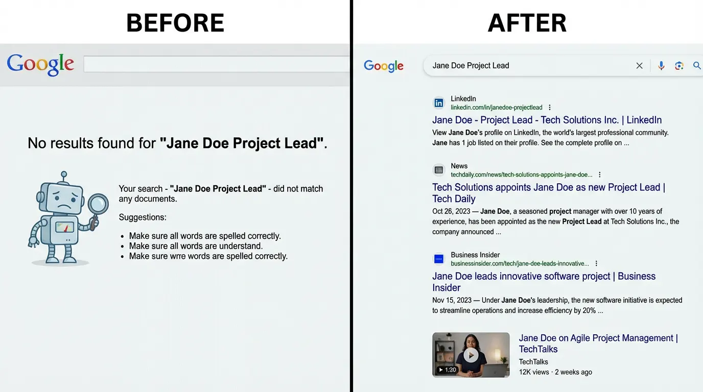 A side-by-side comparison of Google search results. The "BEFORE" side shows "No results found for 'Jane Doe Project Lead'" with a sad robot. The "AFTER" side shows multiple positive search results for "Jane Doe Project Lead," including LinkedIn, news articles, and a YouTube video.