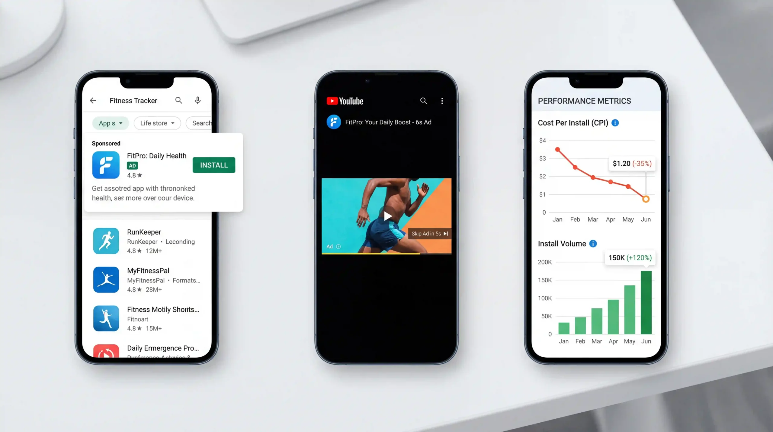 Google Universal App Campaign (UAC) results showing mobile ad placements and growth metrics.