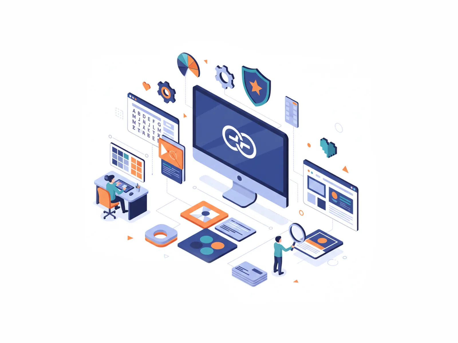 Isometric illustration showing a designer working on a computer, surrounded by various graphic design elements, web interfaces, and tools like a magnifying glass.