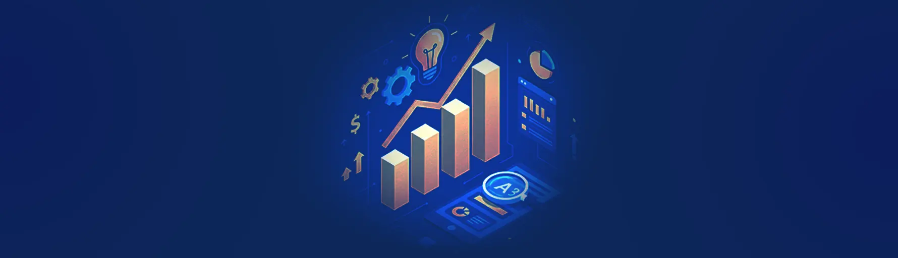 Isometric 3D chart showing rising gold bars, a lightbulb icon for creative ideas, and magnifying glass over data analytics.
