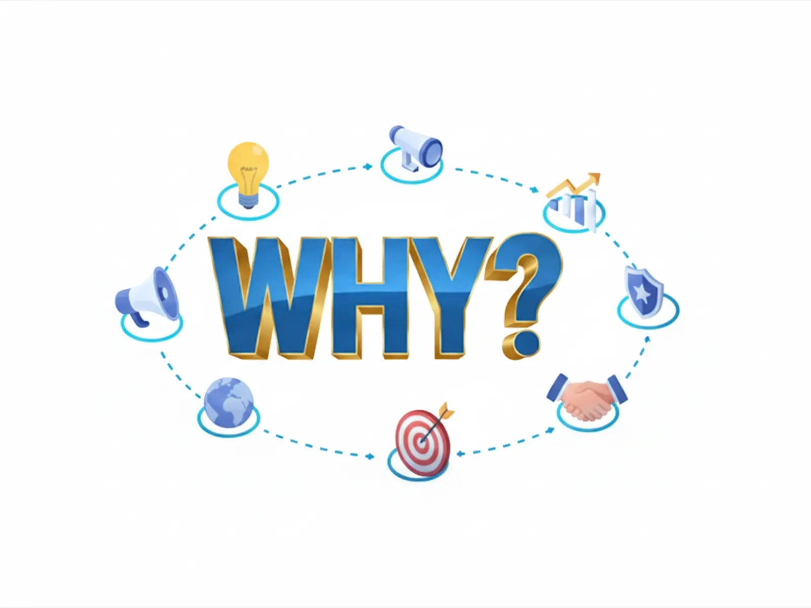Large 3D "WHY?" text surrounded by a circular flow of icons including ideas, growth, protection, and partnership.