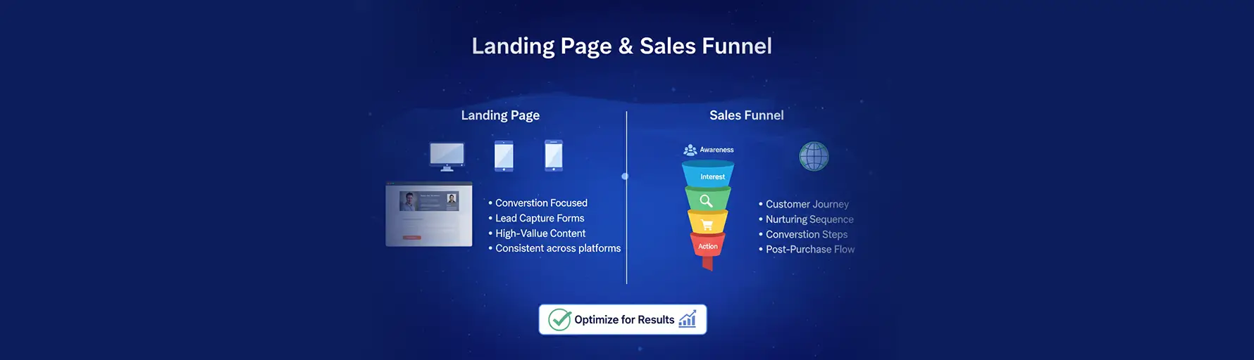 Visual comparison between a lead-capture landing page and a multi-stage sales funnel diagram showing the customer journey
