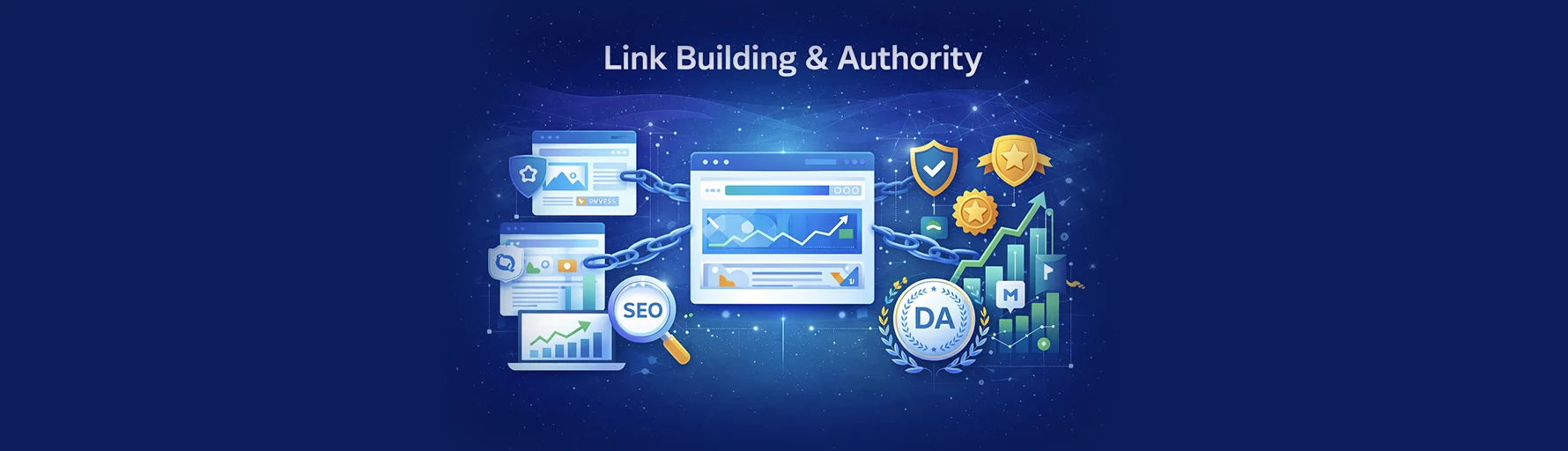 Link building and SEO authority strategy showing backlinks, domain authority growth, and ranking improvement