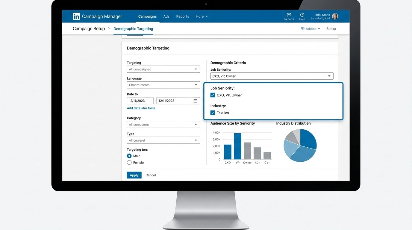 LinkedIn ads targeting dashboard showing job titles like CEO, CTO, and Owner in Bangladesh.