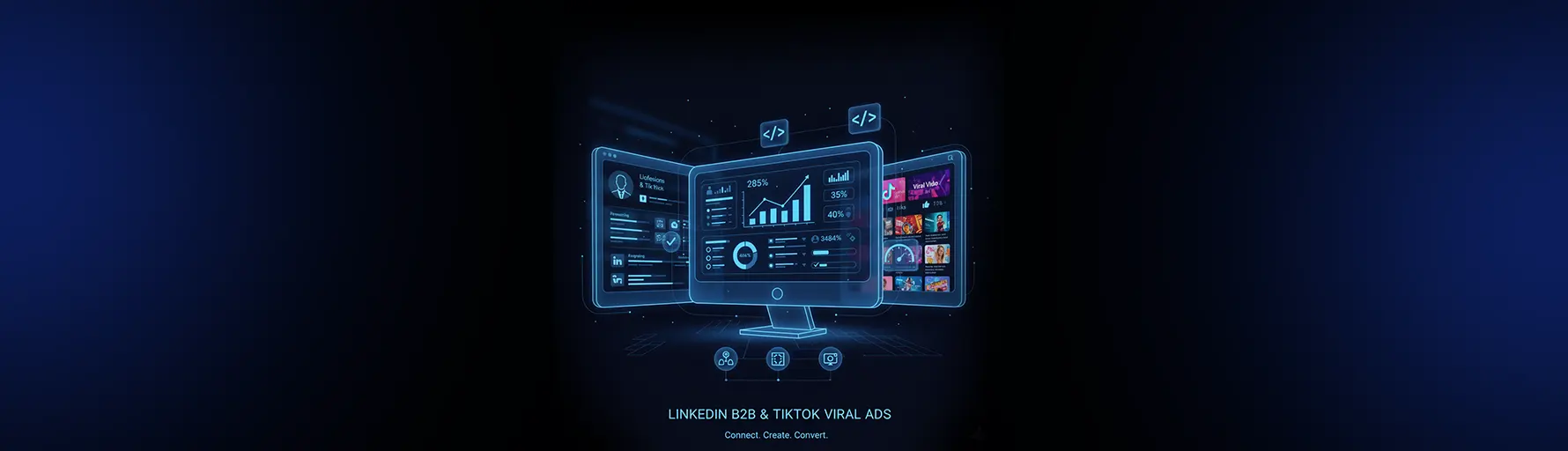 A glowing blue monitor displaying B2B networking icons alongside TikTok's viral video interface, showing high-engagement data points.
