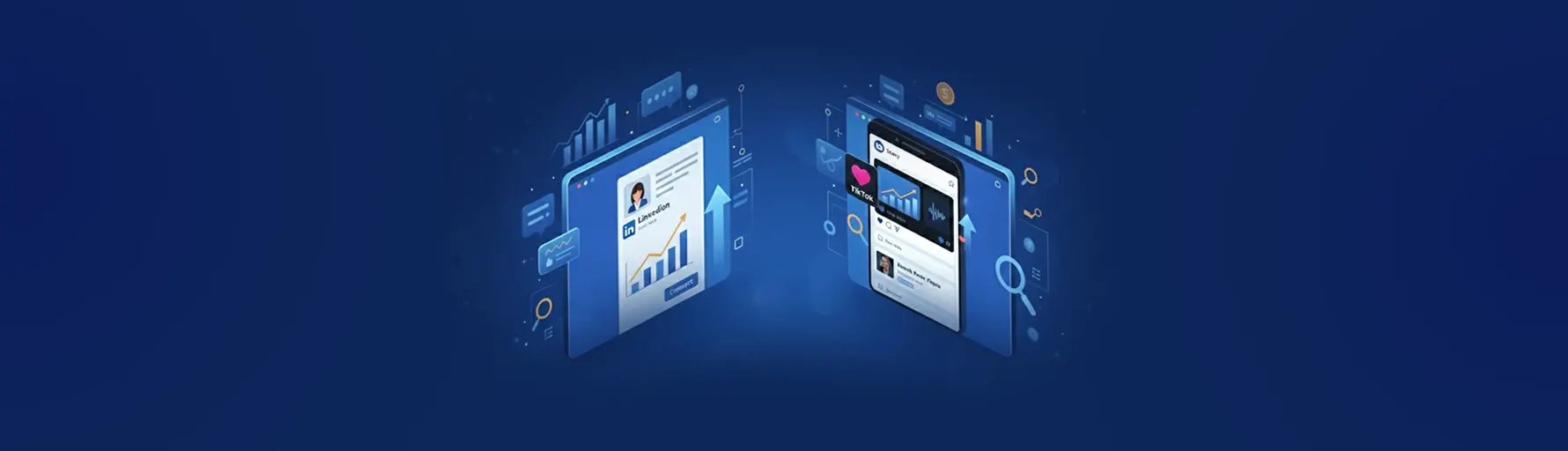 Digital marketing illustration comparing LinkedIn B2B lead generation profiles with viral TikTok video ad interfaces.