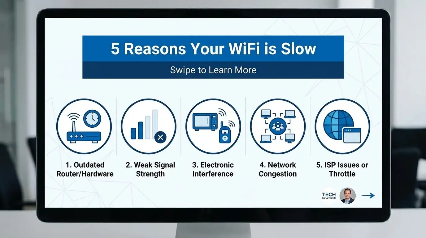 Educational LinkedIn carousel slide design explaining wifi speed issues for an ISP brand.