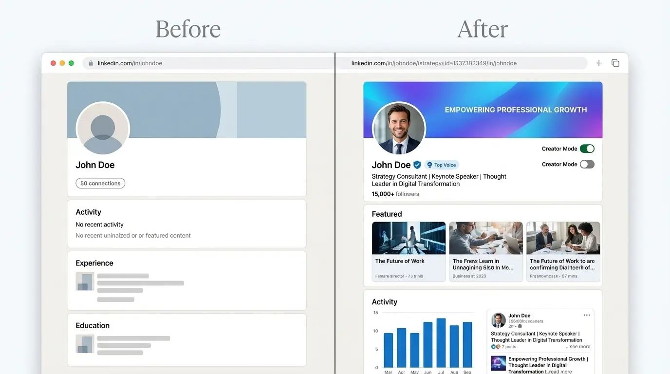 Before and after LinkedIn profile transformation for a corporate CEO personal branding case study.