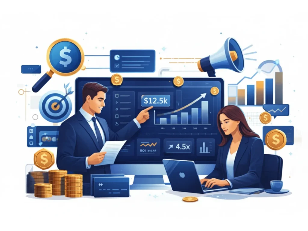 A male and female marketing professional analyzing real-time advertising data and ROI metrics on a large digital dashboard.