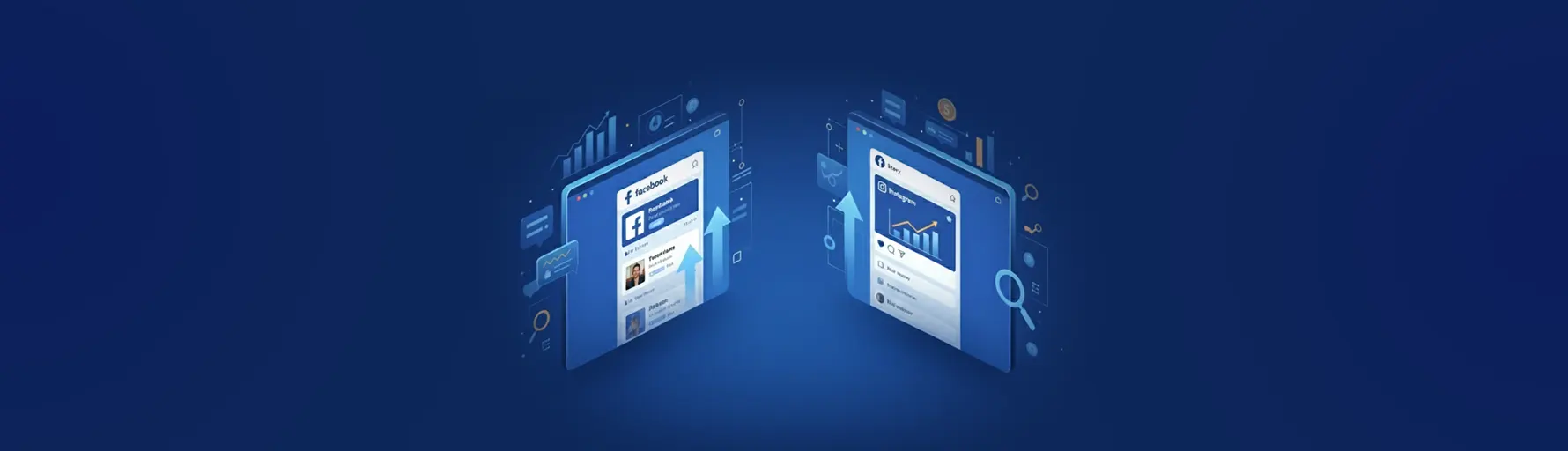 3D isometric illustration of Facebook and Instagram mobile ad interfaces with upward-pointing growth arrows.