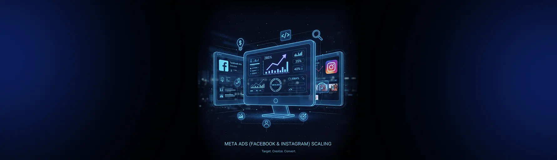 A high-tech digital interface featuring Facebook and Instagram icons with growth charts, 285% ROI metrics, and audience targeting symbols.