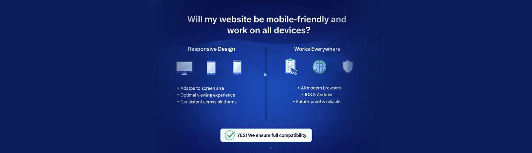 Comparison chart showing responsive design across mobile and desktop devices versus cross-browser compatibility guarantees.