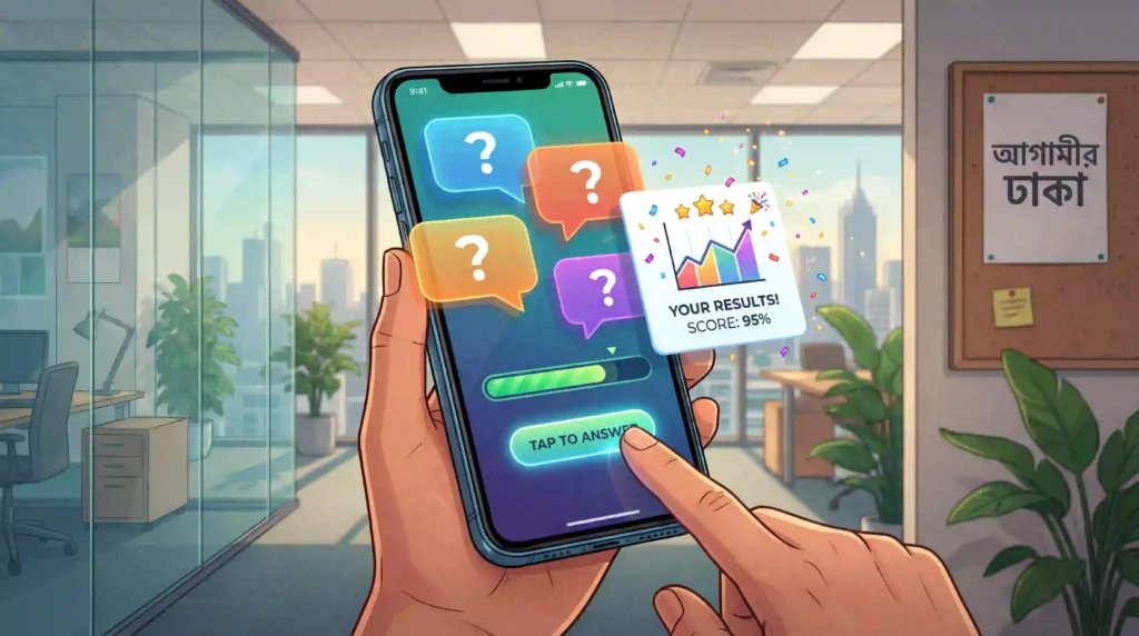 A hand holding a smartphone displaying a quiz app interface with multiple question marks in speech bubbles, a progress bar, and a "TAP TO ANSWER" button. To the right, a floating pop-up shows "YOUR RESULTS! SCORE: 95%" with a graph and stars. The background is a modern office.