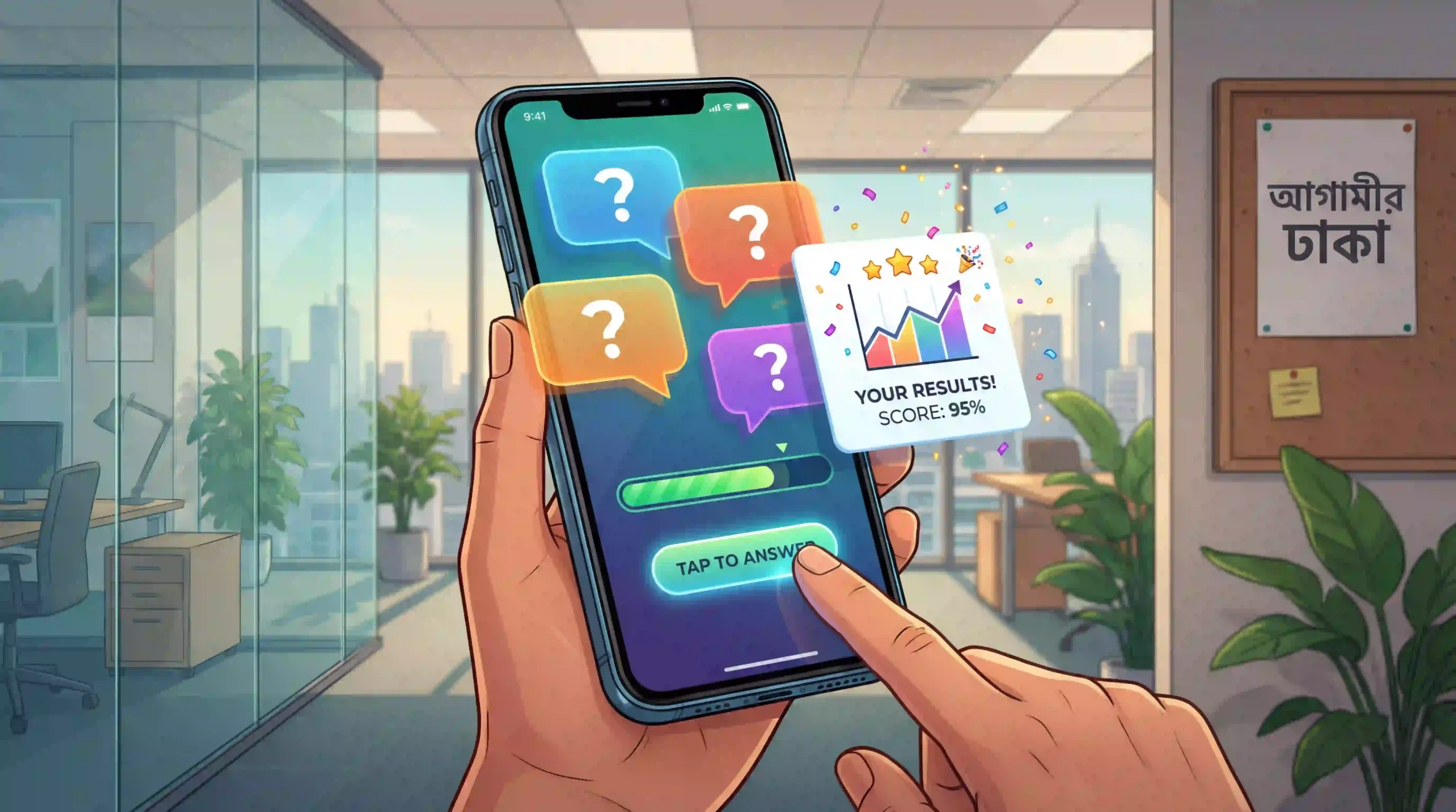 A hand holding a smartphone displaying a quiz app interface with multiple question marks in speech bubbles, a progress bar, and a "TAP TO ANSWER" button. To the right, a floating pop-up shows "YOUR RESULTS! SCORE: 95%" with a graph and stars. The background is a modern office.