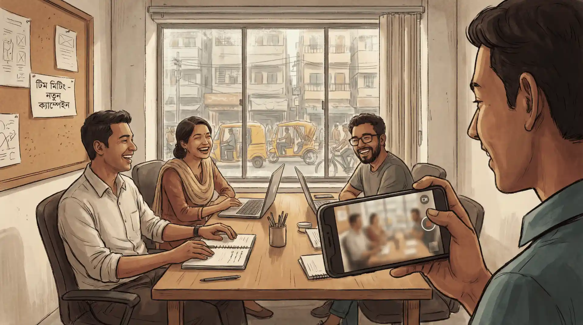 A person holding a smartphone filming three other people sitting around a table in an office, laughing and engaged in a discussion. The smartphone screen shows a live view of the meeting. Papers and laptops are on the table, and a window shows an urban street scene.