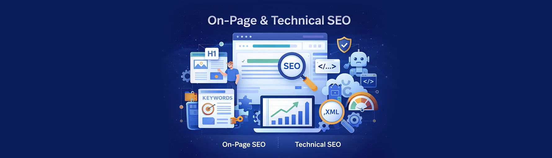 On-page and technical SEO methodology illustrating keyword optimization, site structure, and performance growth