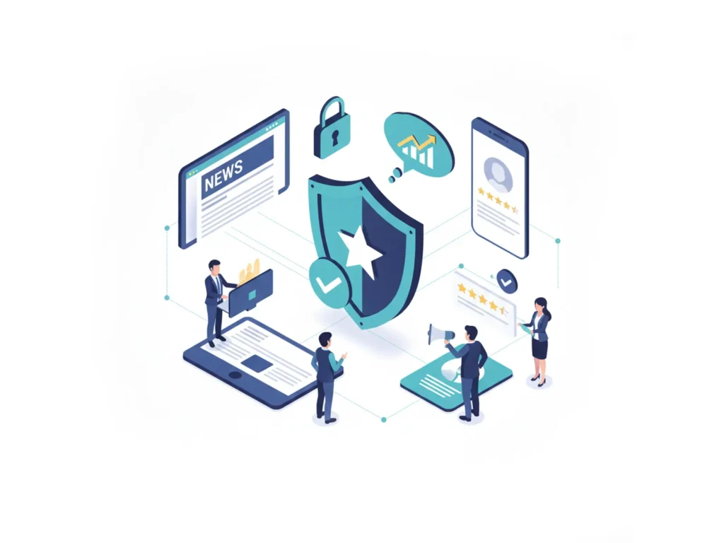 An isometric illustration showing a large security shield protecting a digital profile with news, locks, and star ratings surrounding it.