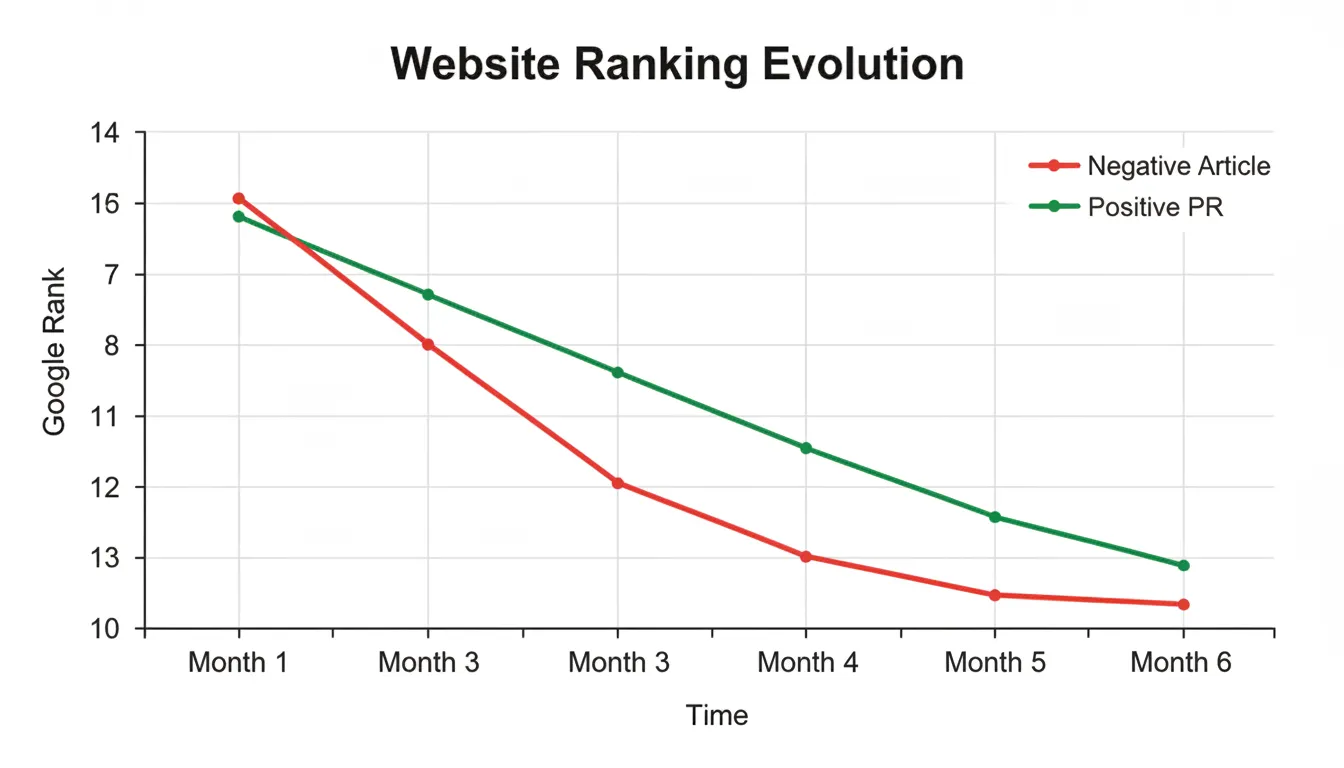 Graph showing negative news suppression and positive PR ranking improvement over 6 months.