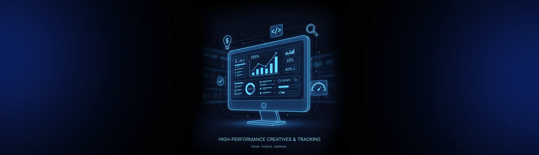 A central dashboard featuring real-time data analytics, conversion percentages (35%, 40%), and creative asset management icons on a dark background.