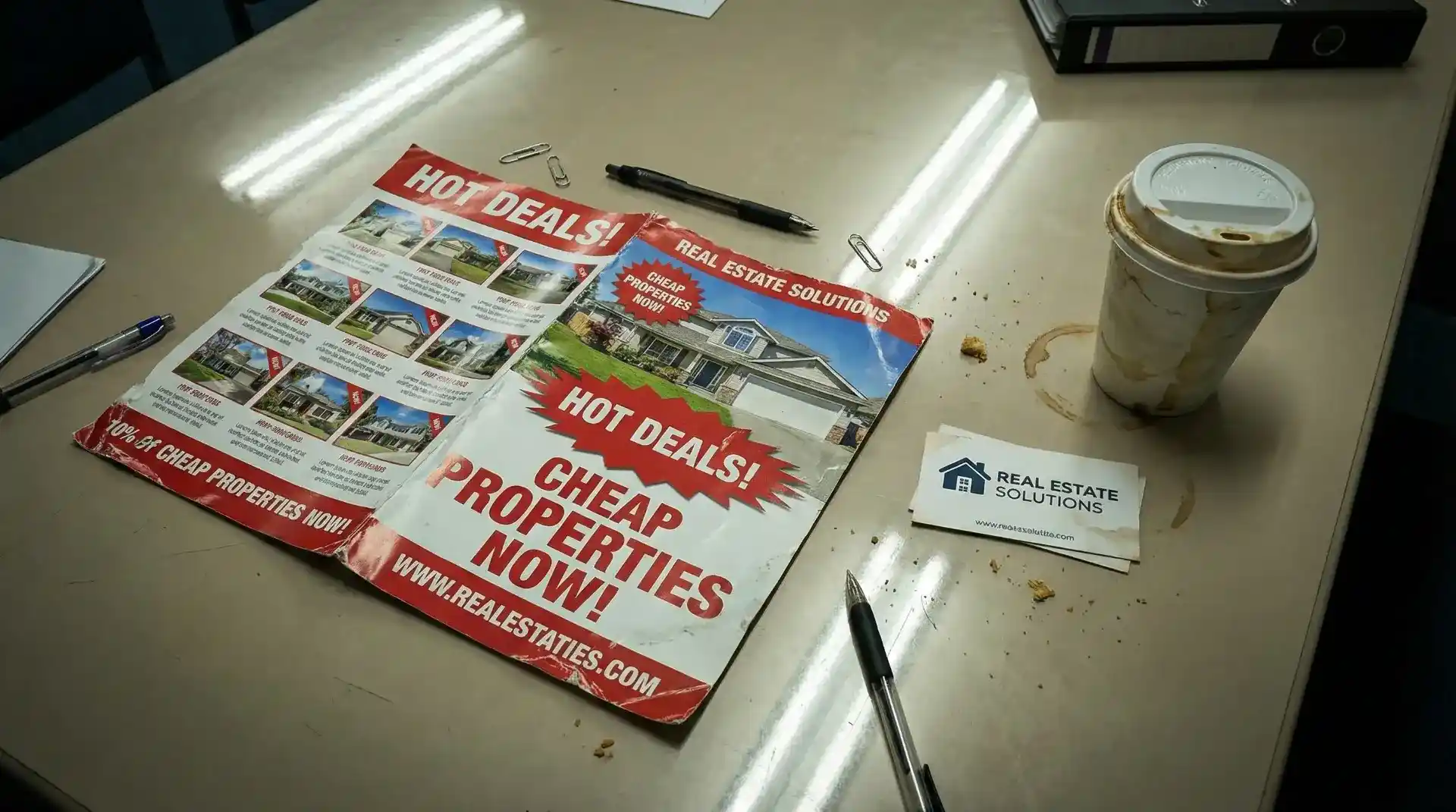 Outdated and cluttered marketing materials causing loss of trust in real estate sales.