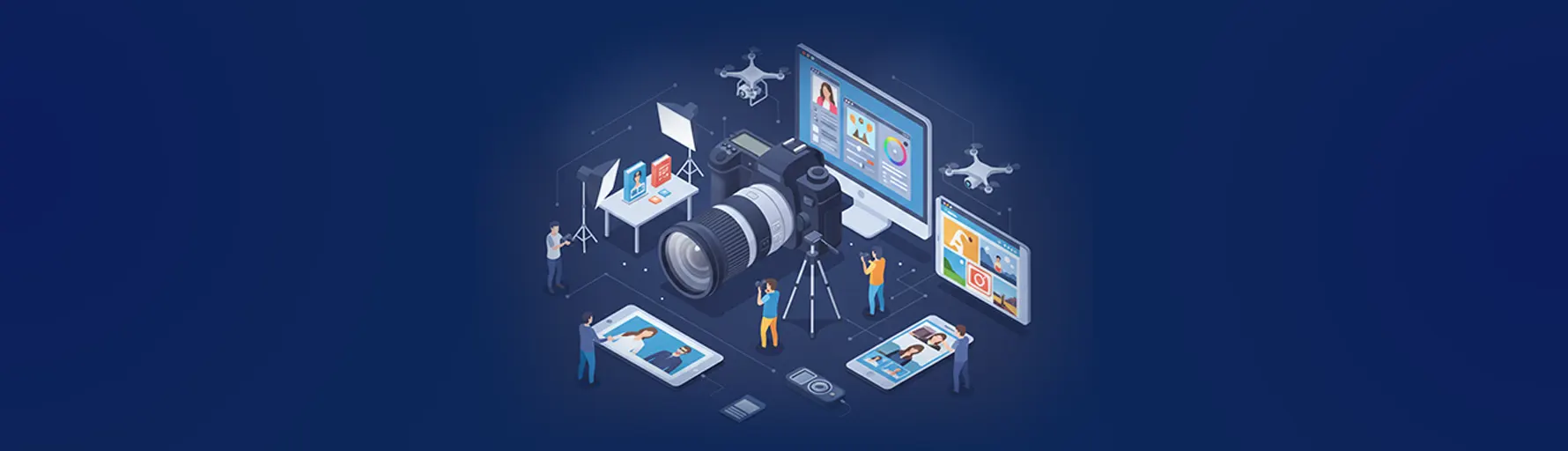Isometric design featuring a large professional DSLR camera, photography lighting, drones, and digital tablets showing high-quality photo assets.